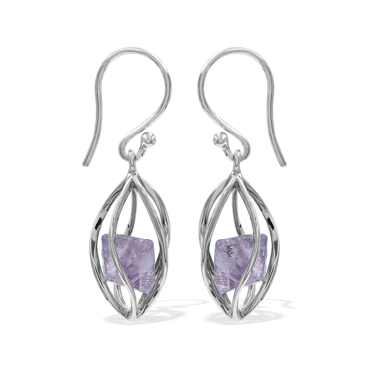 Starborn Purple Fluorite Crystal Spiral Caged Earrings in Sterling Silver
