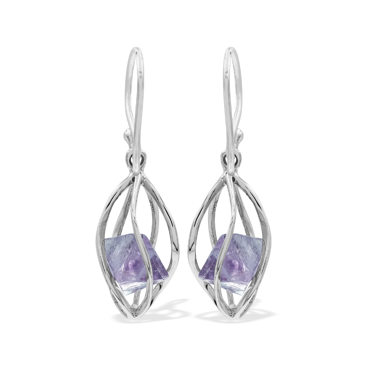 Starborn Purple Fluorite Crystal Spiral Caged Earrings in Sterling Silver