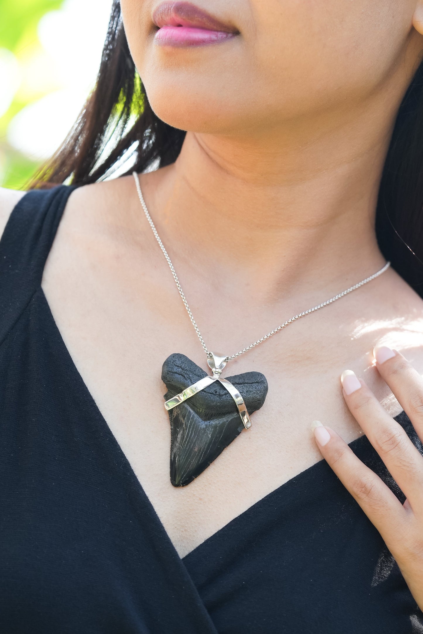 Starborn Dark Fossil Shark Tooth Pendant in Sterling Silver