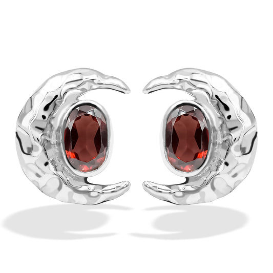 Starborn Faceted Oval Gemstone Post Earrings with Hammered Crescent Moon Accent in Sterling Silver