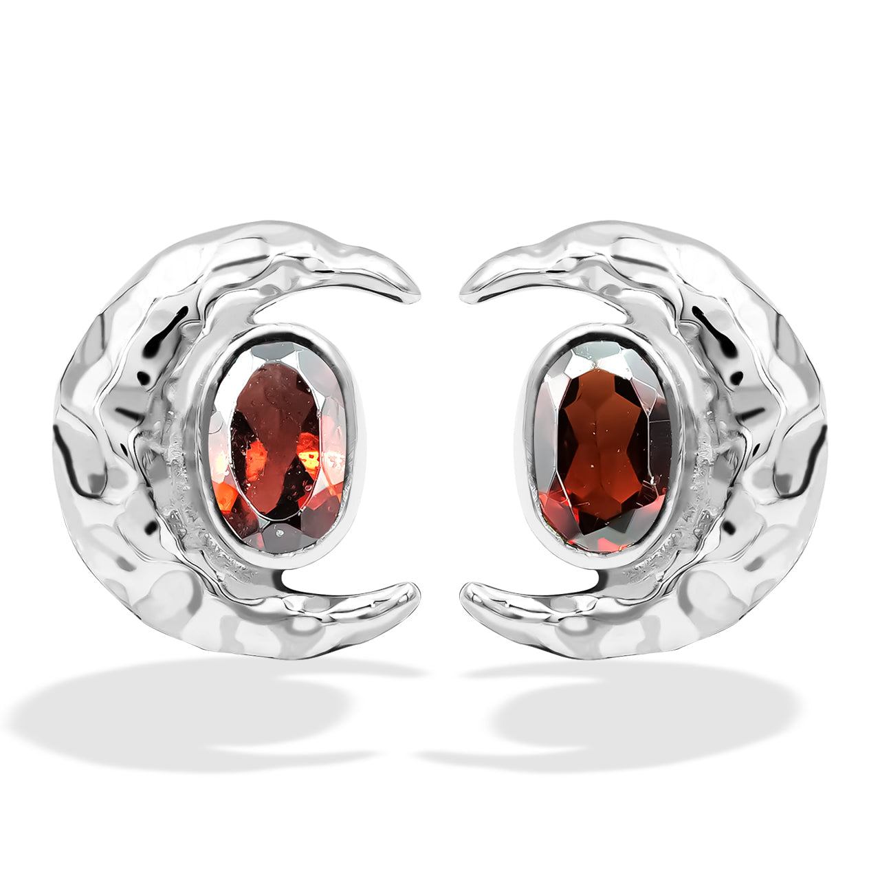 Starborn Faceted Oval Gemstone Post Earrings with Hammered Crescent Moon Accent in Sterling Silver
