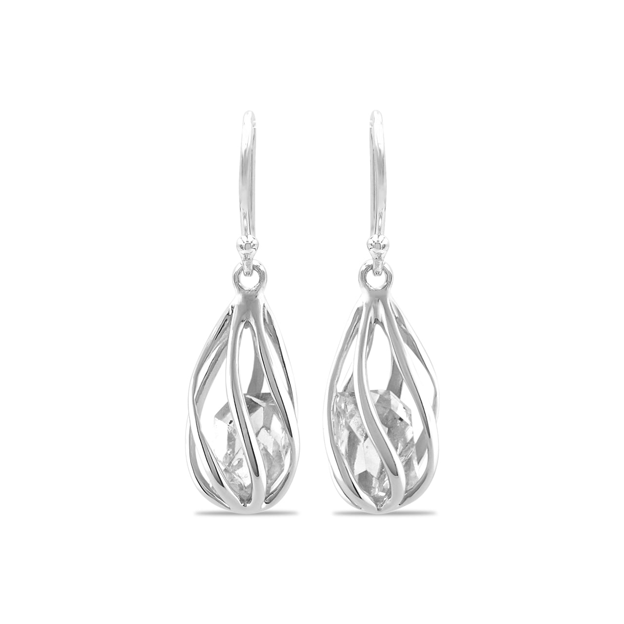 Starborn Herkimer Diamond Quartz Crystal Drop Caged Earrings in Sterling Silver