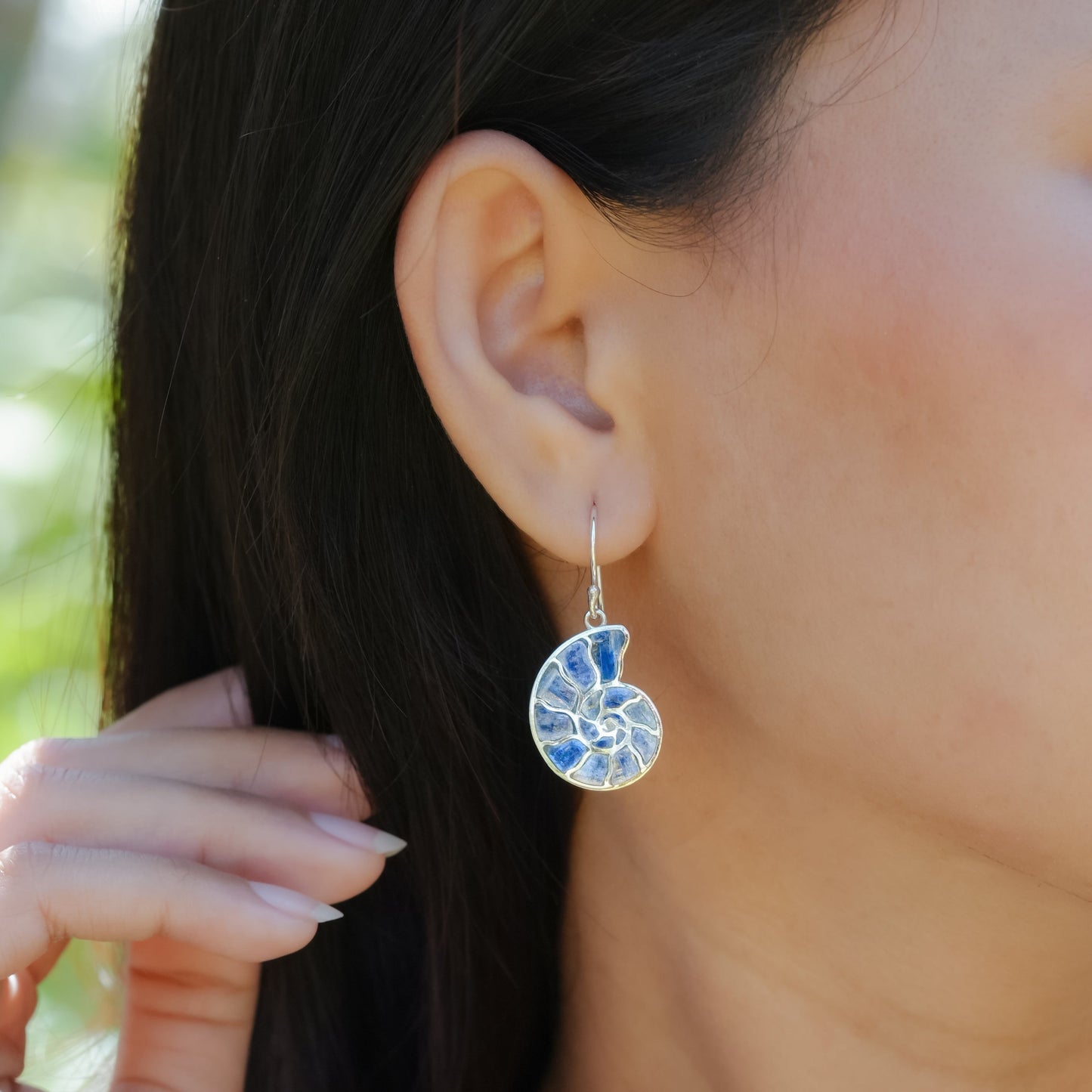 Starborn Nautilus Ammonite with Gemstones Inlay Earring in Sterling Silver - Large