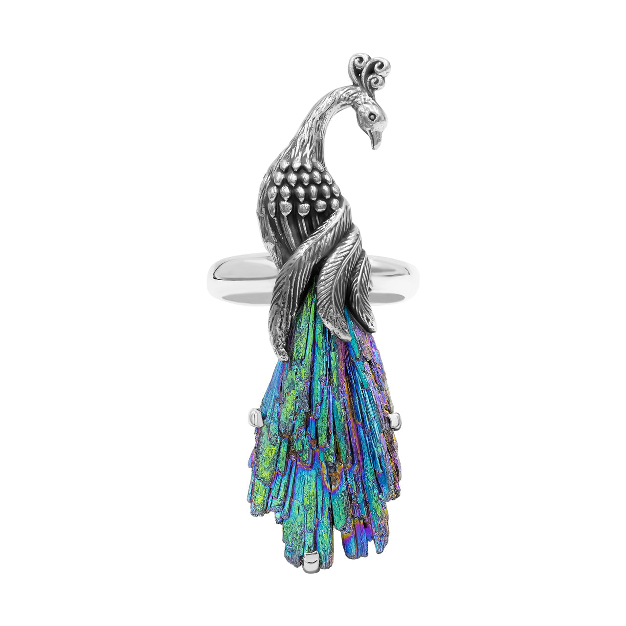 Starborn Aura Kyanite Crystal Peacock Ring in Sterling Silver