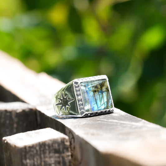 Starborn Labradorite Square Men's Ring with Octagram in Sterling Silver