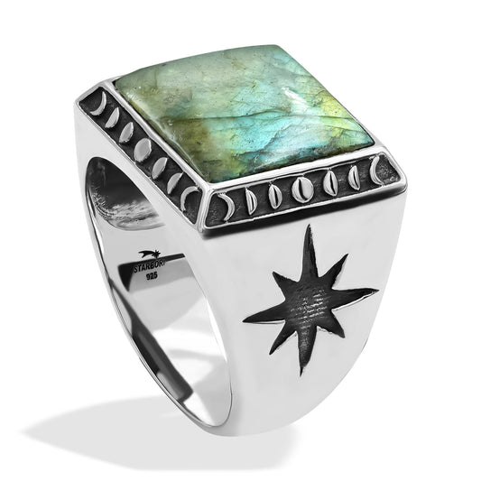 Starborn Labradorite Square Men's Ring with Octagram in Sterling Silver