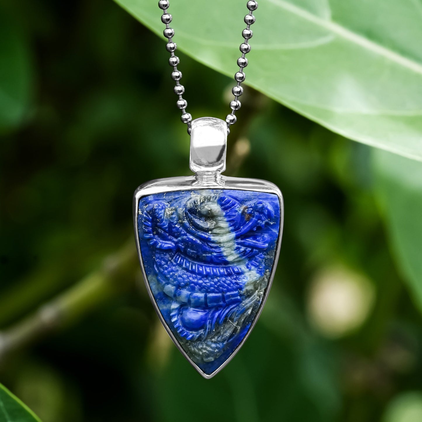 Starborn Lapis Lazuli Carved Dragon Shield Pendant in Sterling Silver