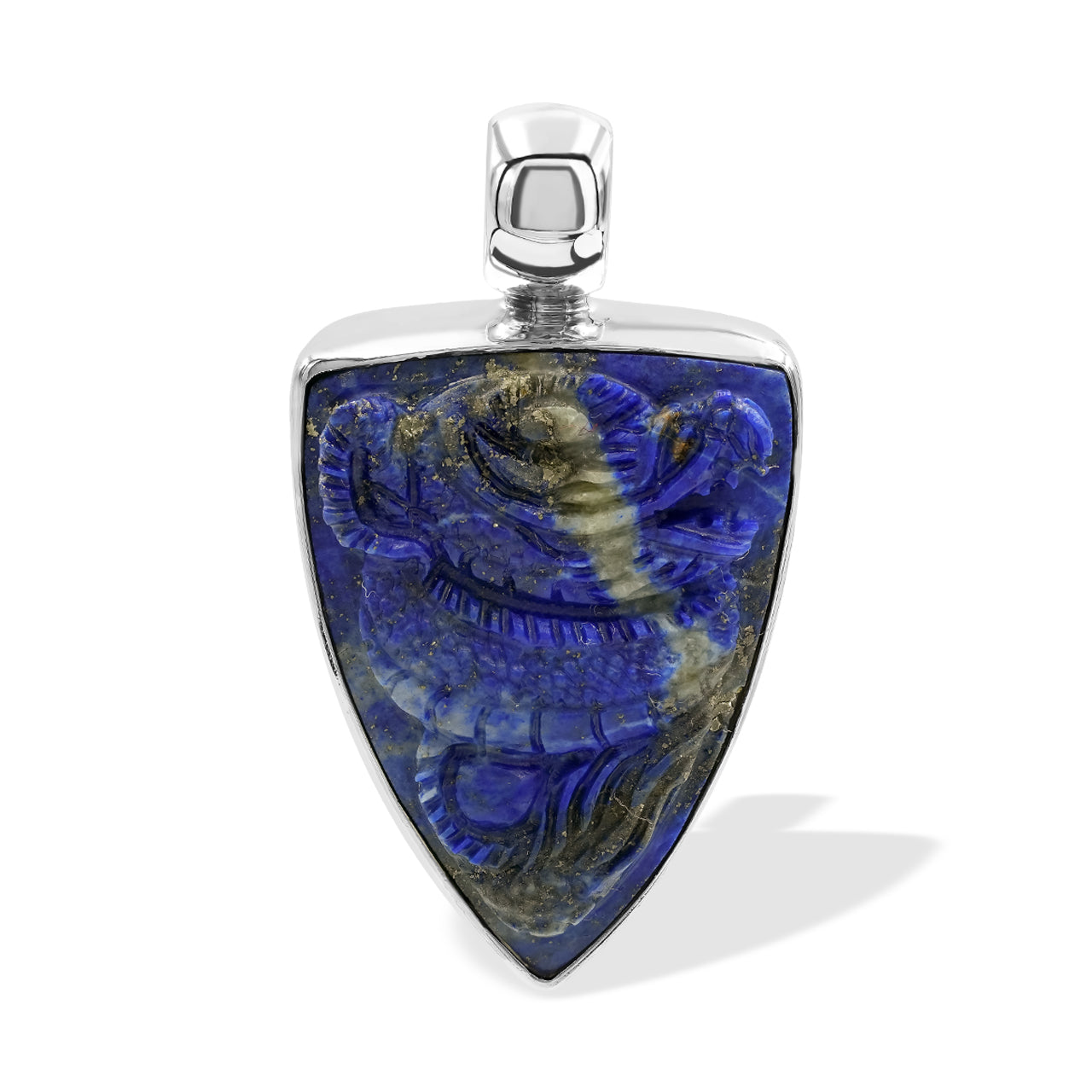 Starborn Lapis Lazuli Carved Dragon Shield Pendant in Sterling Silver
