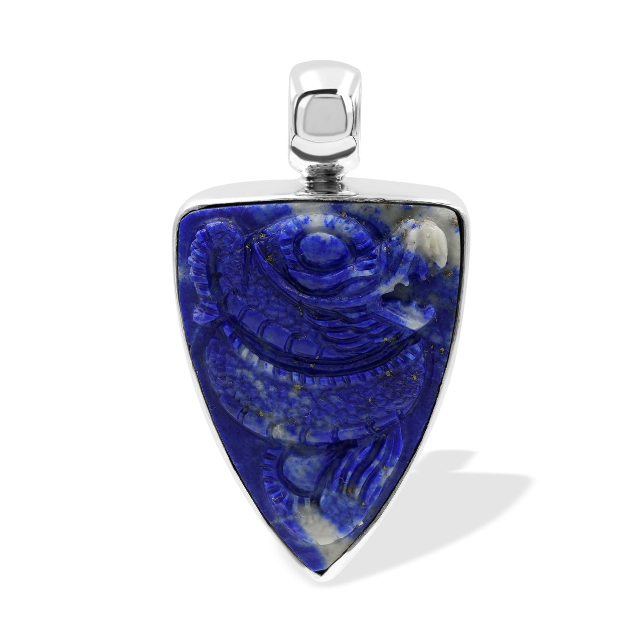 Starborn Lapis Lazuli Carved Dragon Shield Pendant in Sterling Silver