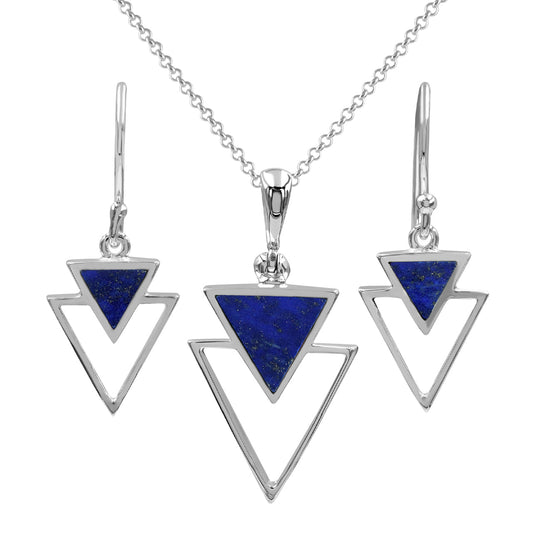 Starborn Lapis Lazuli Triangle Stacked Pendant and Earring Set in Sterling Silver
