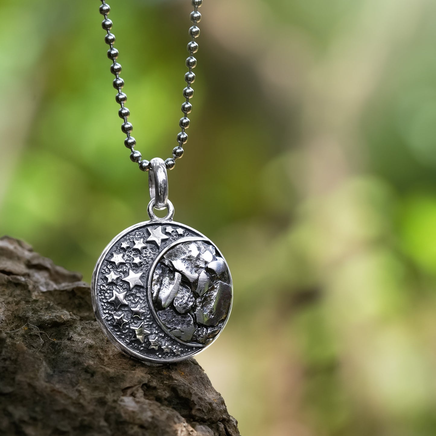 Starborn Campo Del Cielo Meteorite Crescent Moon Pendant in Sterling Silver