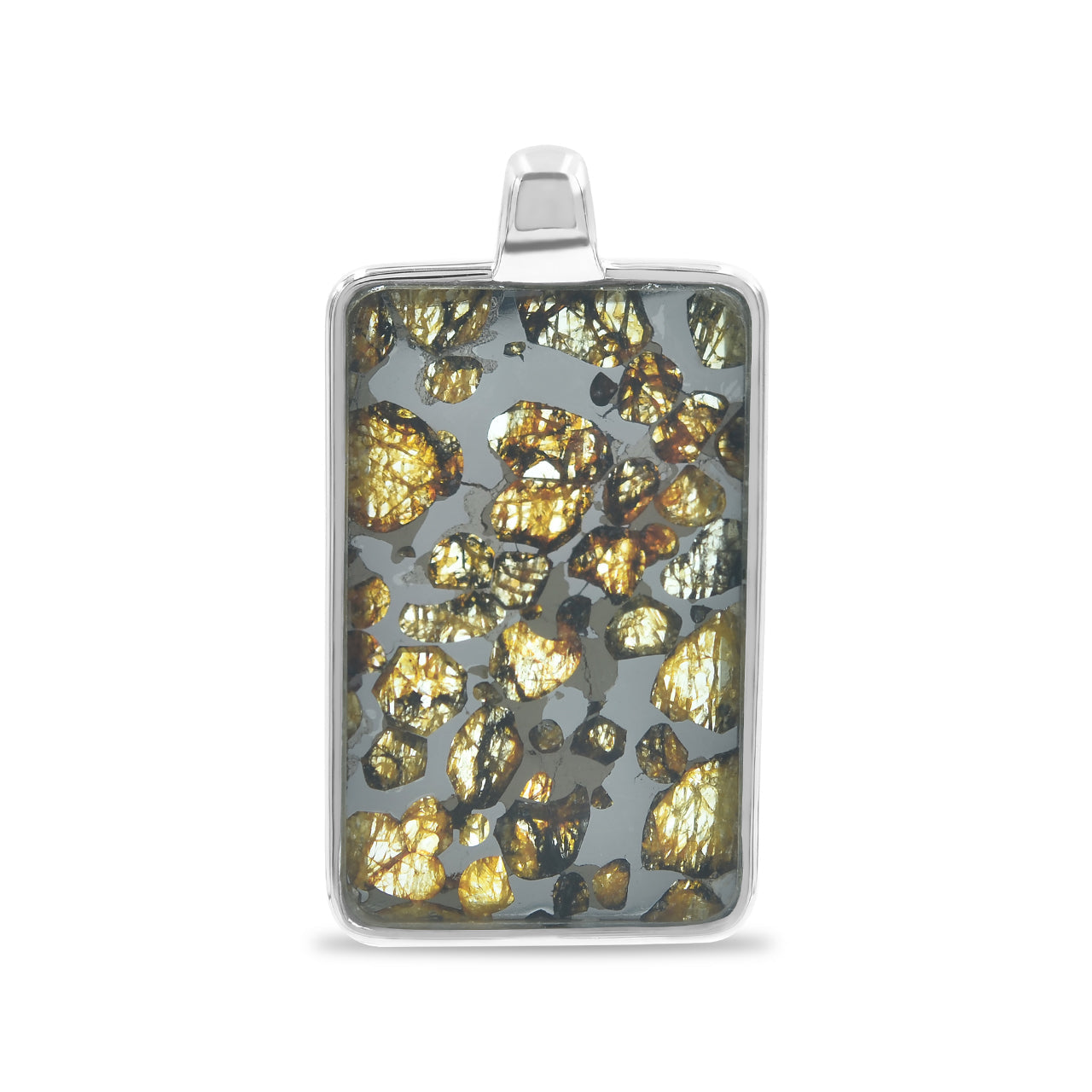 Starborn Sericho Pallasite Meteorite Rectangular Pendant in Sterling Silver