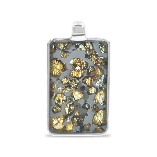 Starborn Sericho Pallasite Meteorite Rectangular Pendant in Sterling Silver