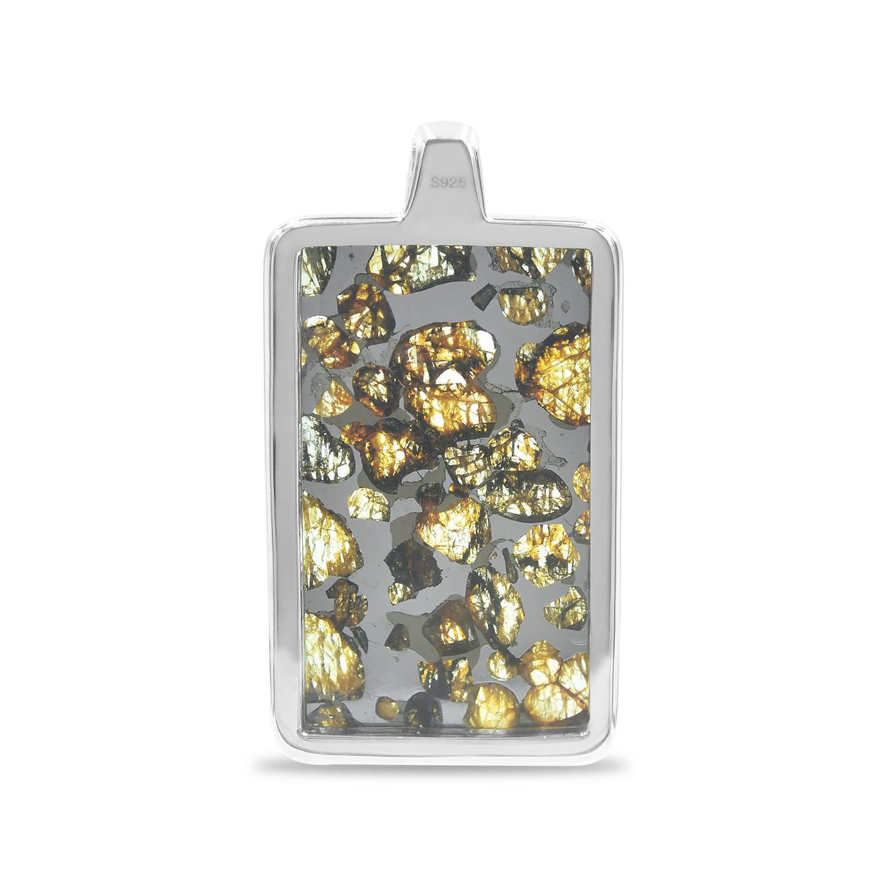Starborn Sericho Pallasite Meteorite Rectangular Pendant in Sterling Silver