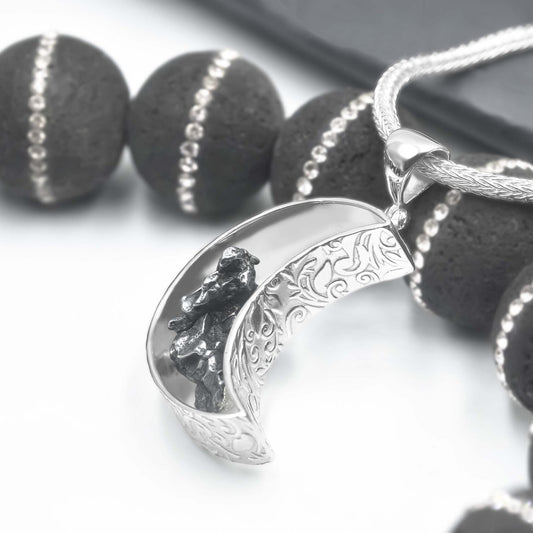 Starborn Campo del Cielo Meteorite Crescent Moon Pendant in Sterling Silver