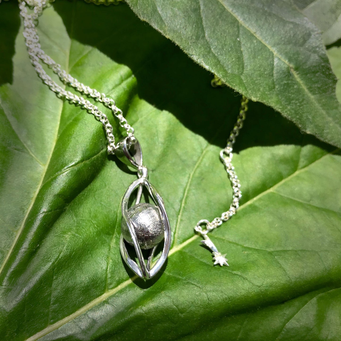 Starborn Genuine Muonionalusta Meteorite Sphere Cage Set Pendant in Sterling Silver