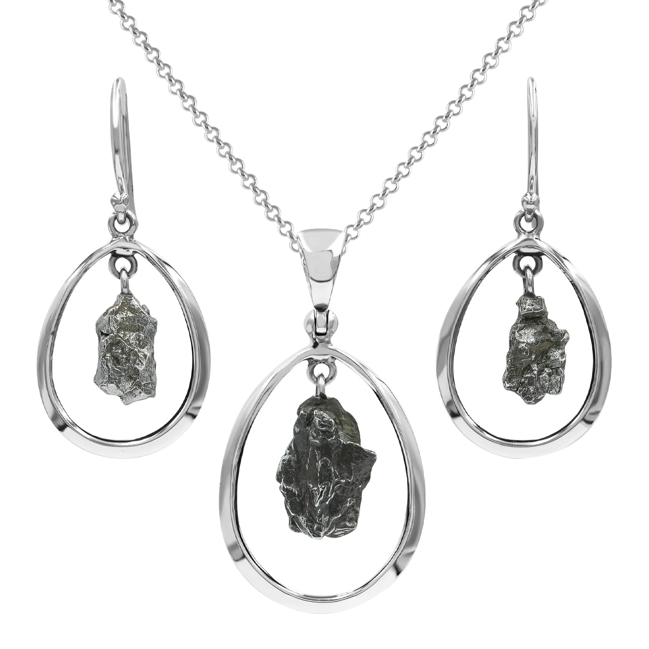 Starborn Campo del Cielo Meteorite Pendant and Earrings Set in Sterling Silver