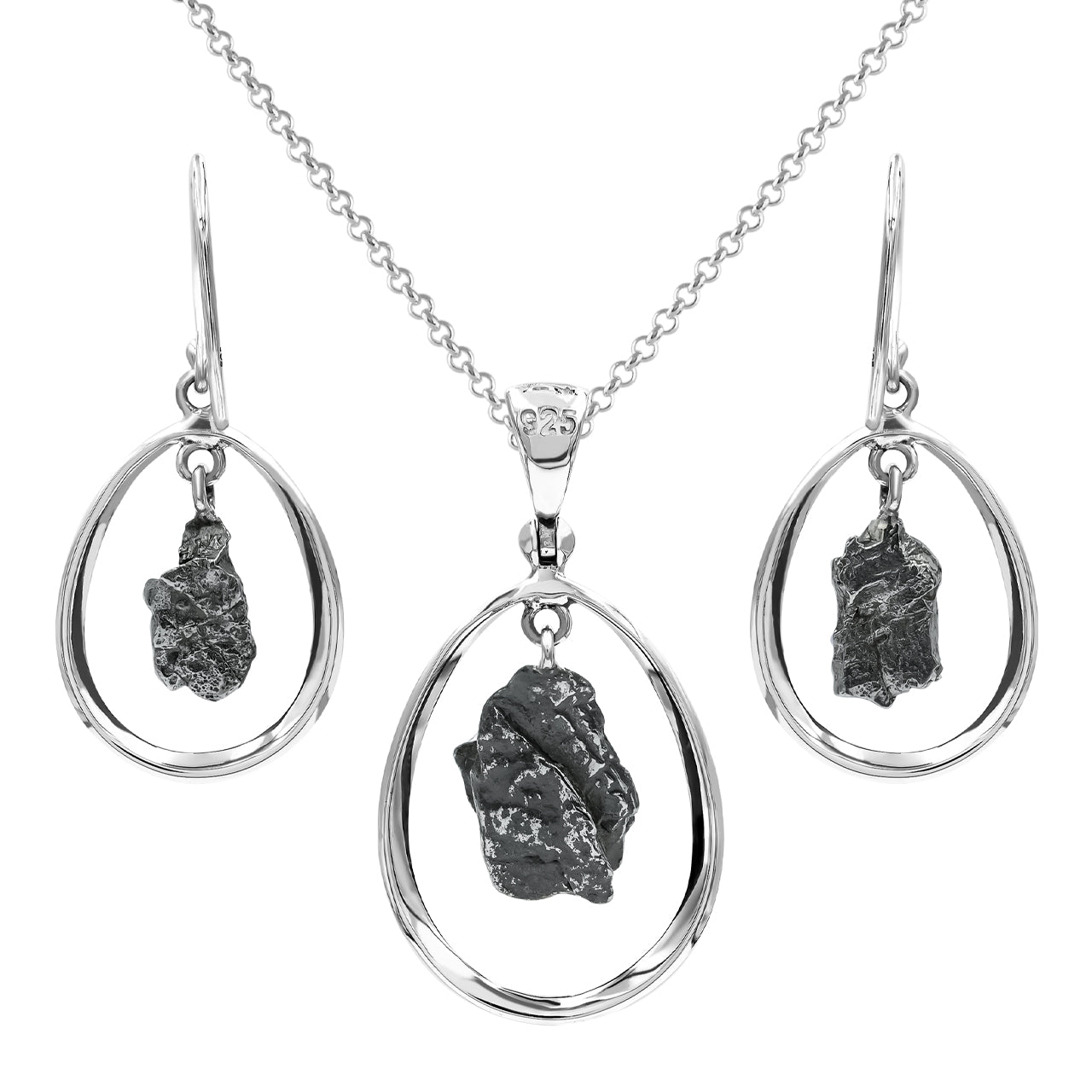 Starborn Campo del Cielo Meteorite Pendant and Earrings Set in Sterling Silver