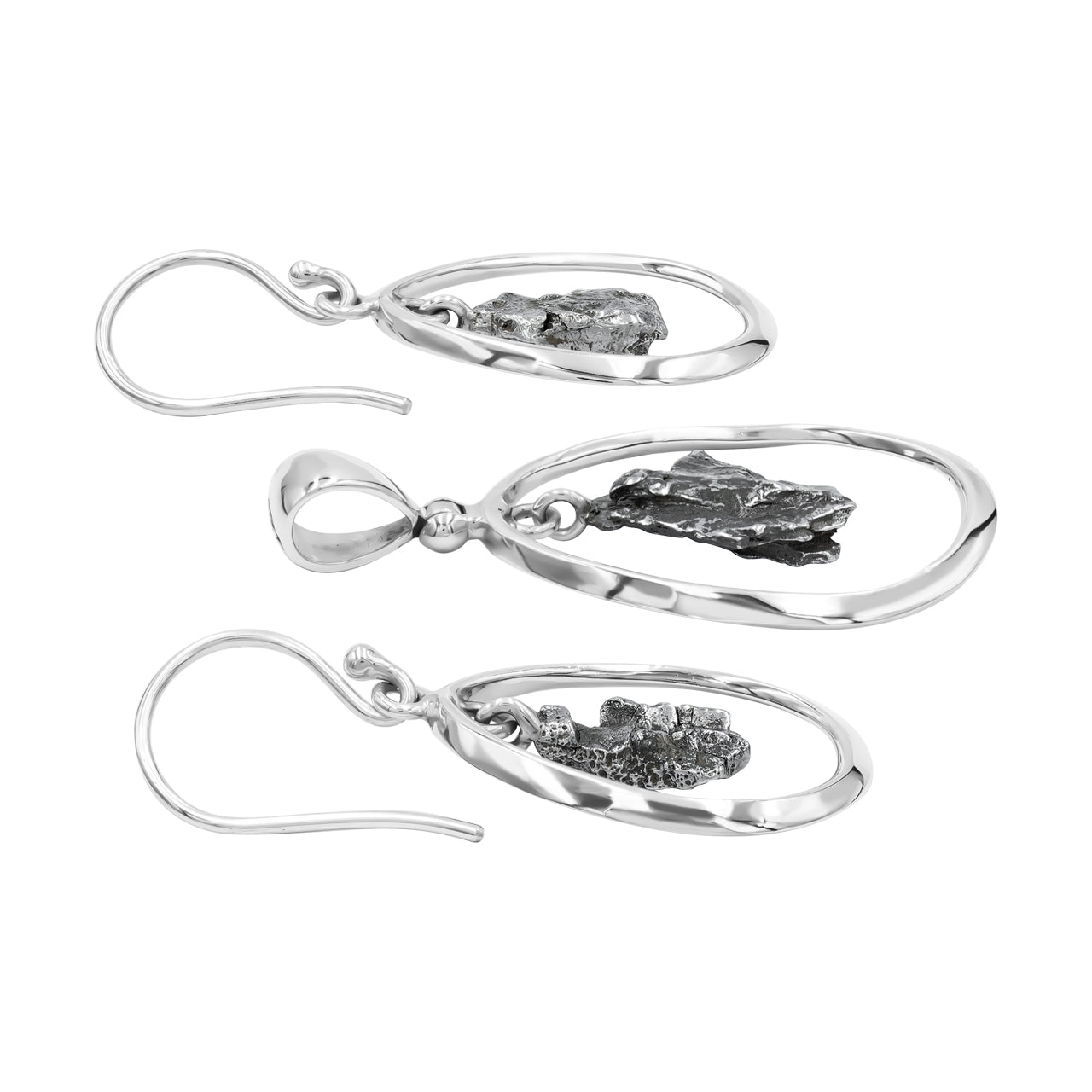 Starborn Campo del Cielo Meteorite Pendant and Earrings Set in Sterling Silver