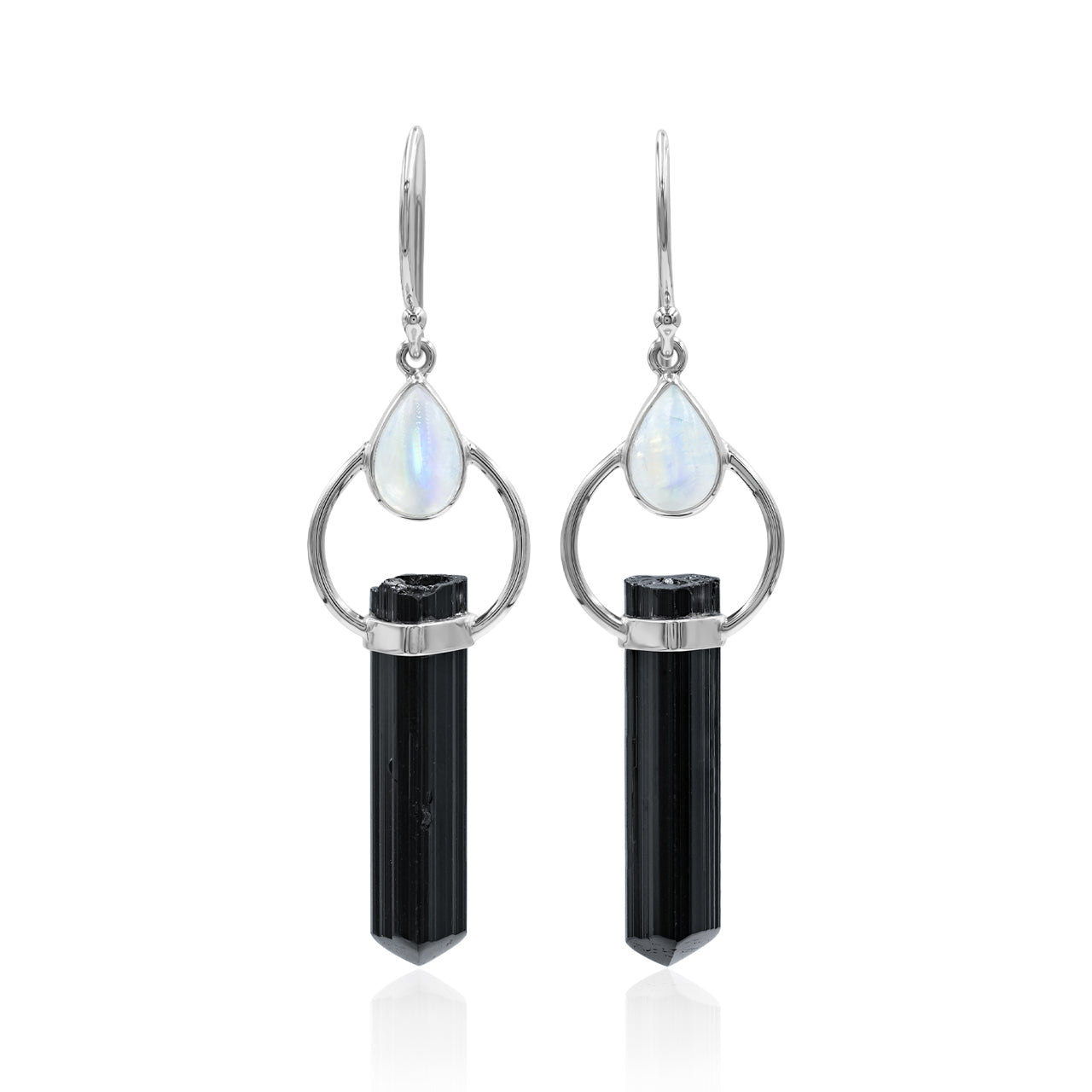 Starborn Black Tourmaline with Rainbow Moonstone Earrings in Sterling Silver