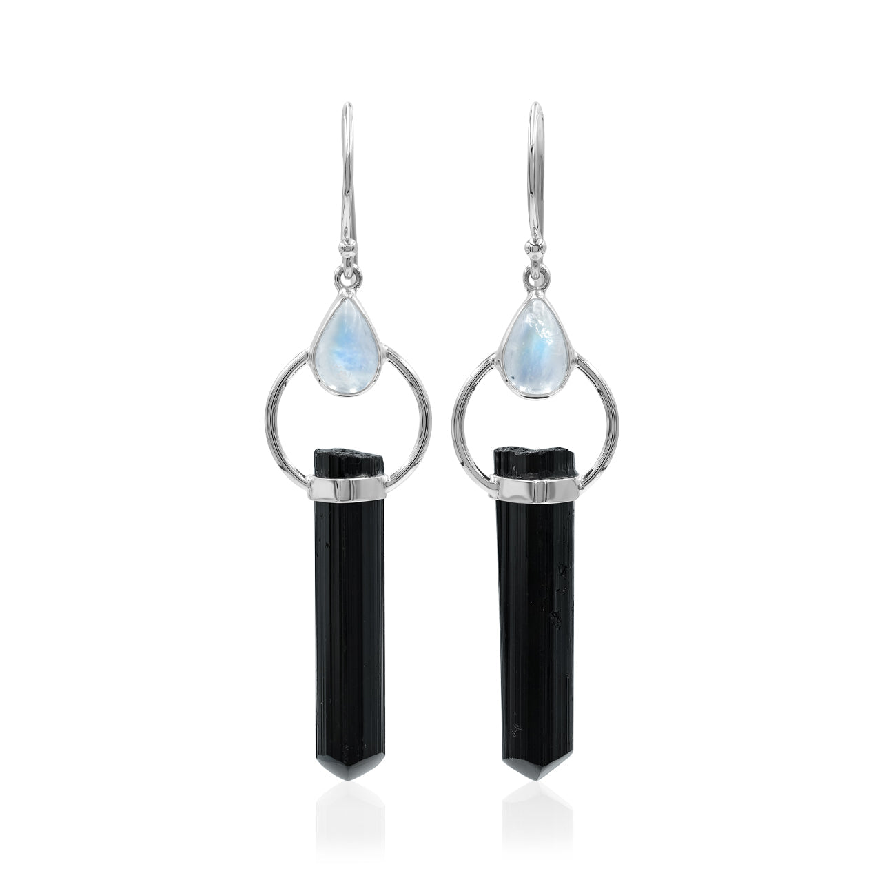 Starborn Black Tourmaline with Rainbow Moonstone Earrings in Sterling Silver