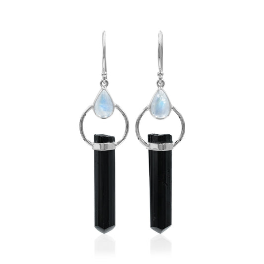 Starborn Black Tourmaline with Rainbow Moonstone Earrings in Sterling Silver
