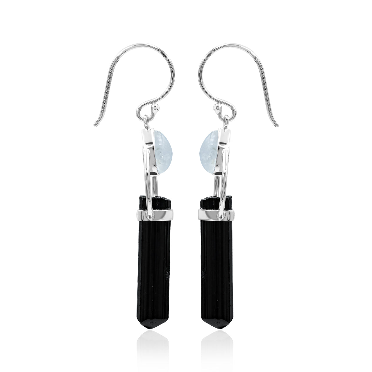 Starborn Black Tourmaline with Rainbow Moonstone Earrings in Sterling Silver