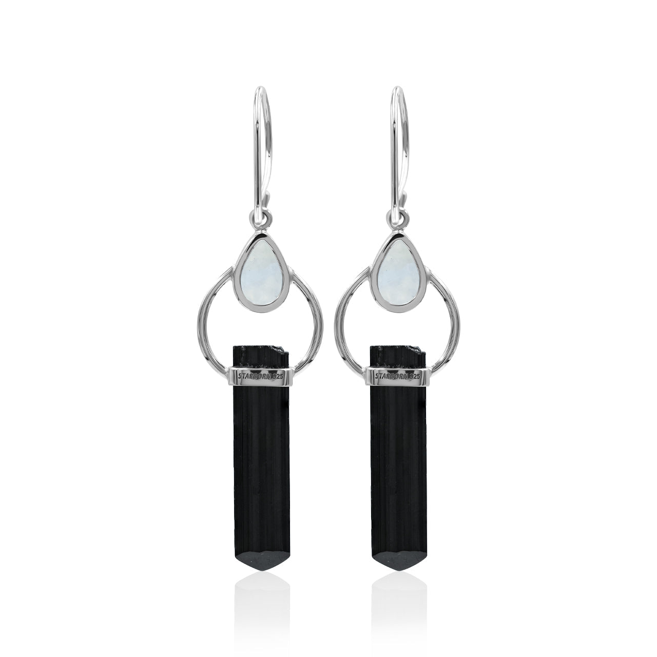 Starborn Black Tourmaline with Rainbow Moonstone Earrings in Sterling Silver