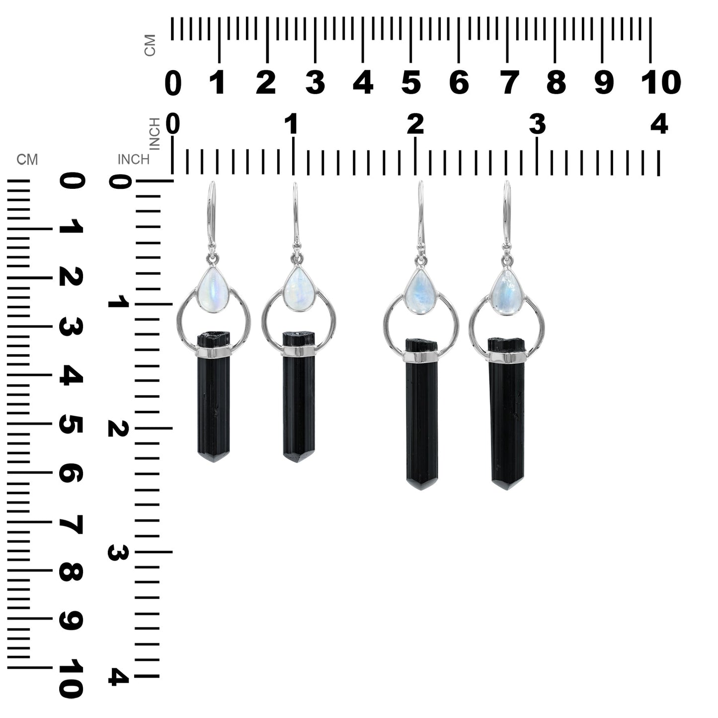 Starborn Black Tourmaline with Rainbow Moonstone Earrings in Sterling Silver