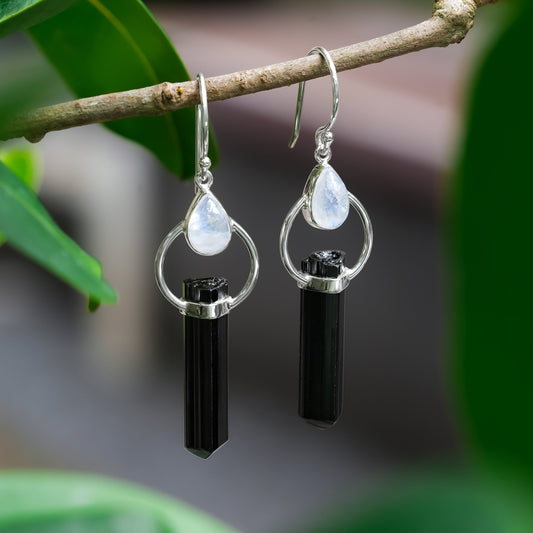Starborn Black Tourmaline with Rainbow Moonstone Earrings in Sterling Silver