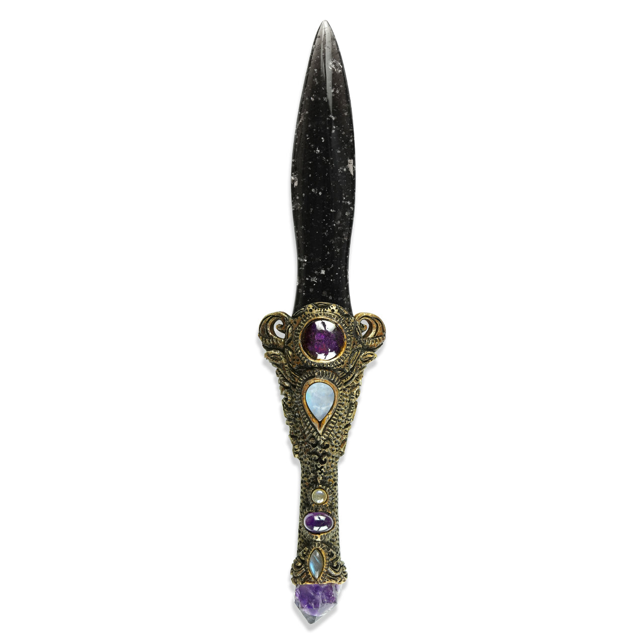 Starborn 11" Galaxy Obsidian Decorative Wand with Amethyst, Rainbow Moonstone, & Purpurite