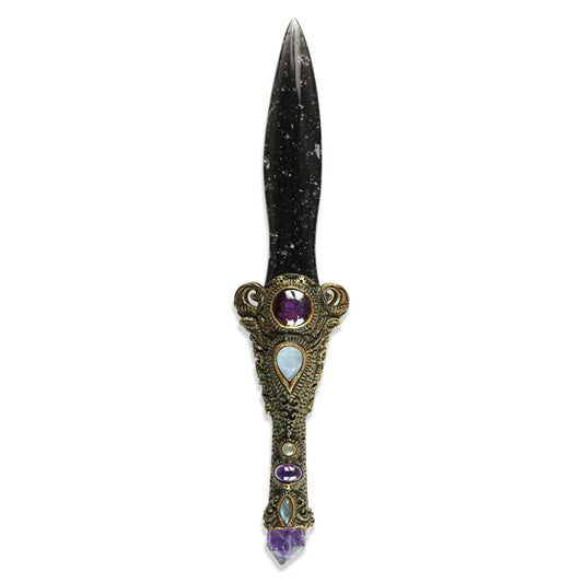 Starborn 11" Galaxy Obsidian Decorative Wand with Amethyst, Rainbow Moonstone, & Purpurite
