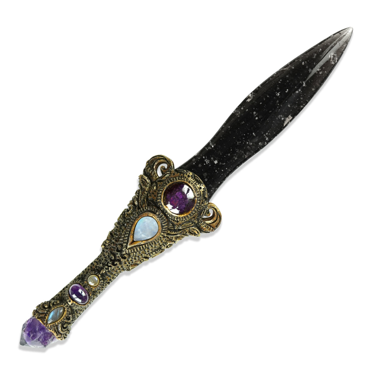 Starborn 11" Galaxy Obsidian Decorative Wand with Amethyst, Rainbow Moonstone, & Purpurite