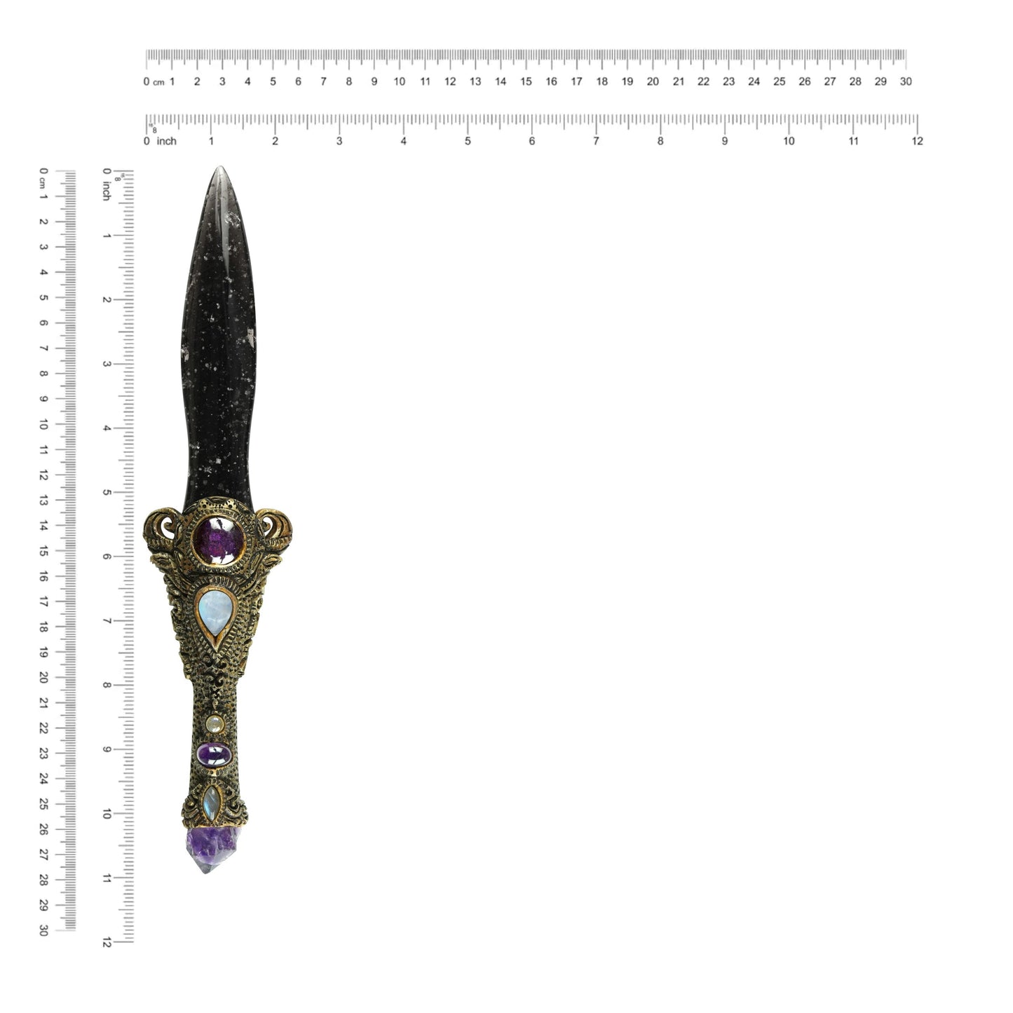 Starborn 11" Galaxy Obsidian Decorative Wand with Amethyst, Rainbow Moonstone, & Purpurite