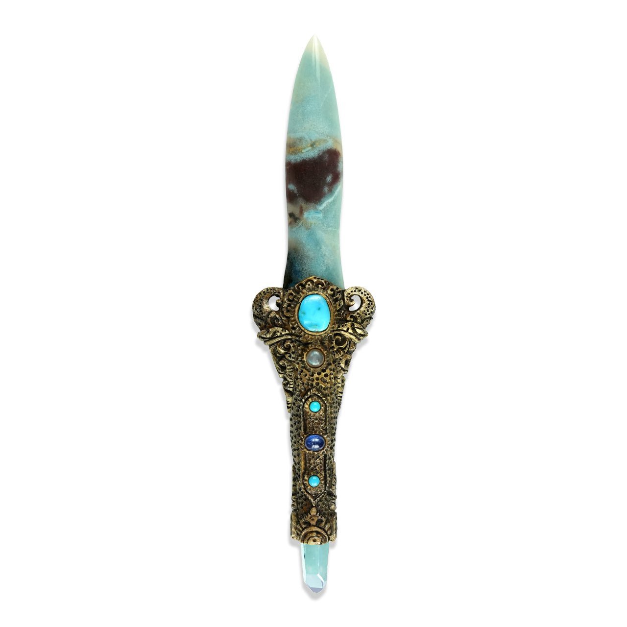 Starborn Troilite Crystal Wand with Aqua Aura Quartz Crystal & Decorative Carving Handle