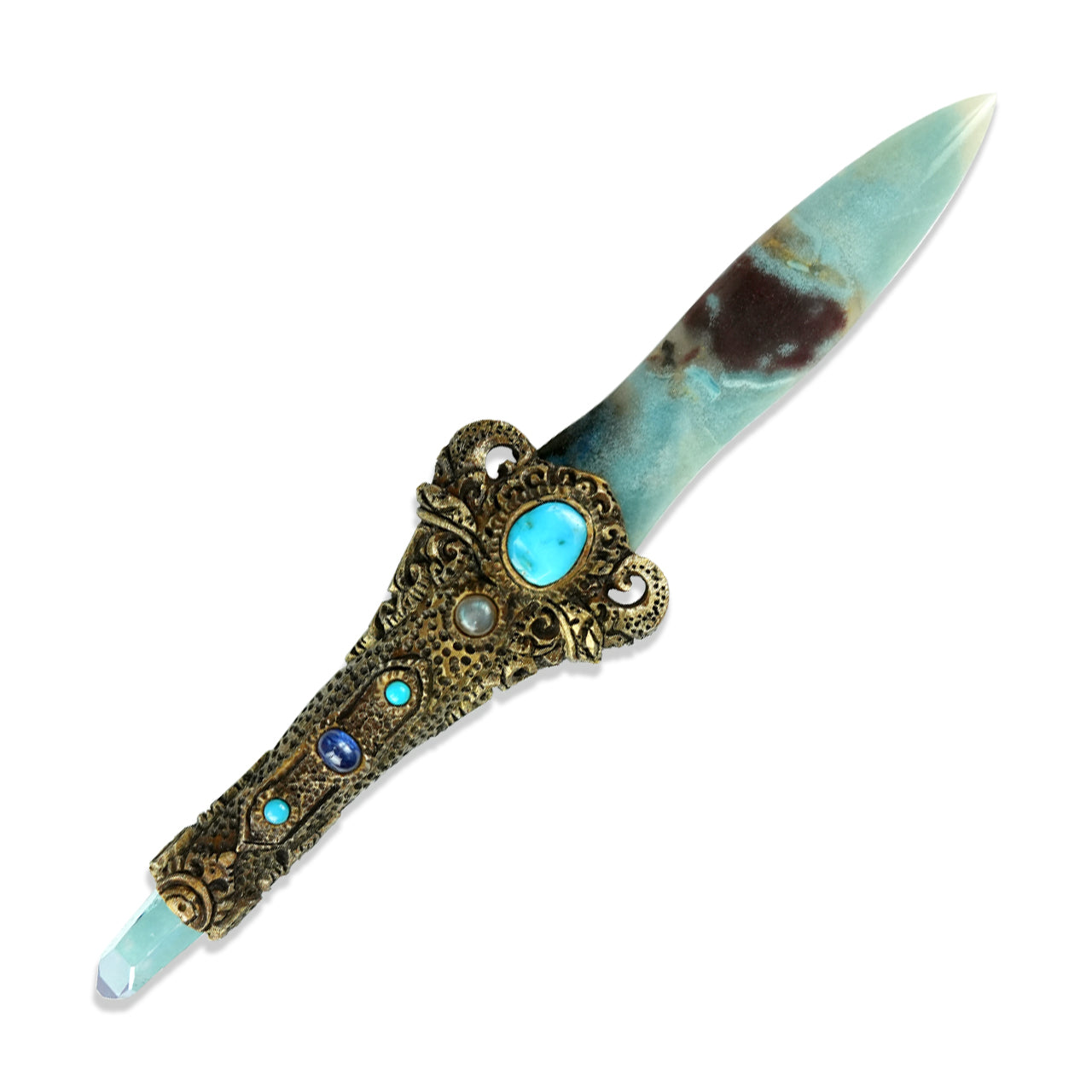 Starborn Troilite Crystal Wand with Aqua Aura Quartz Crystal & Decorative Carving Handle