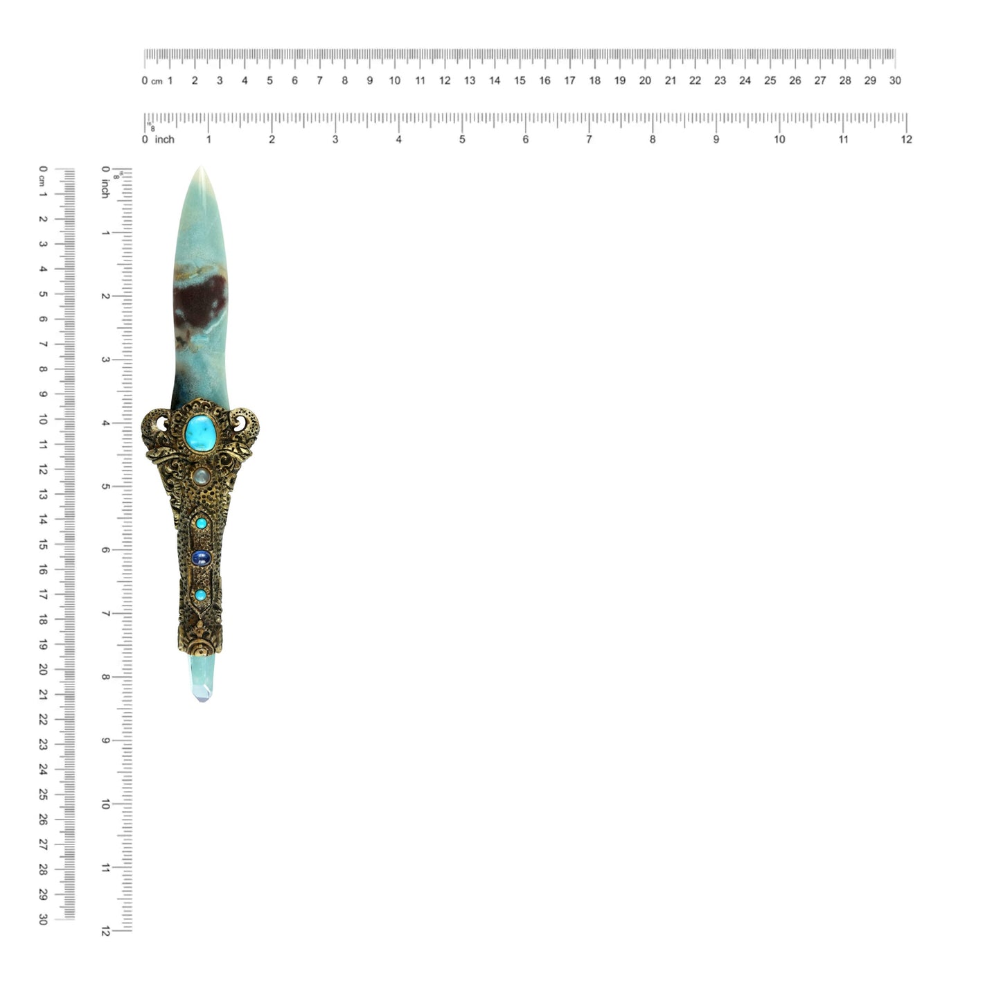 Starborn Troilite Crystal Wand with Aqua Aura Quartz Crystal & Decorative Carving Handle