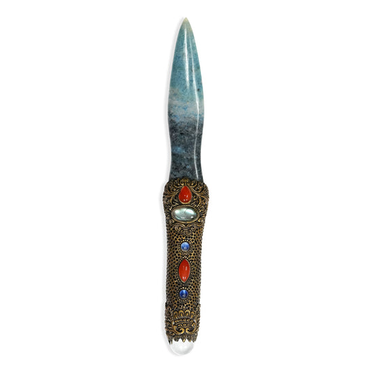 Starborn Troilite Decorative Wand with Aqua Aura Quartz and Carved Clay Handle