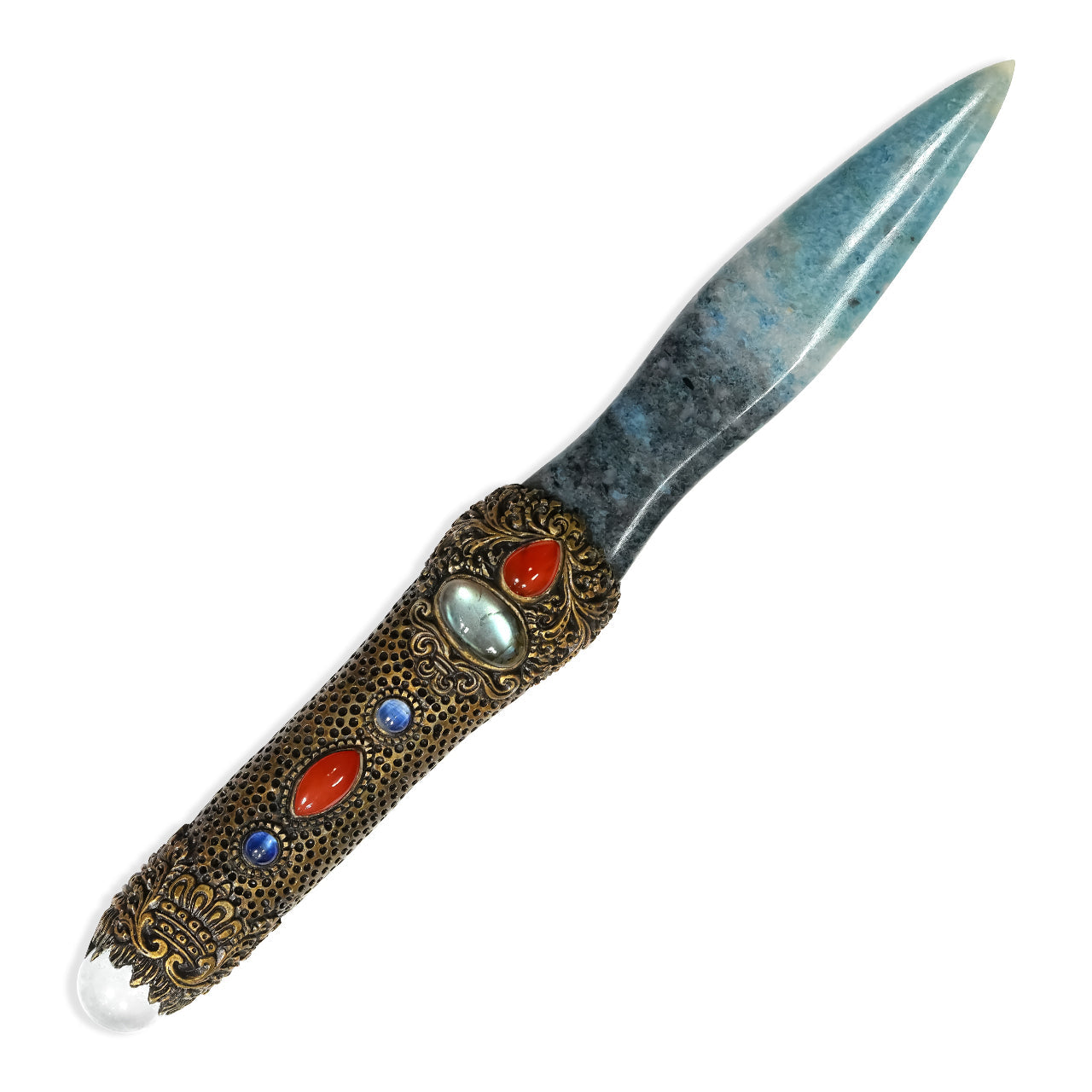 Starborn Troilite Decorative Wand with Aqua Aura Quartz and Carved Clay Handle