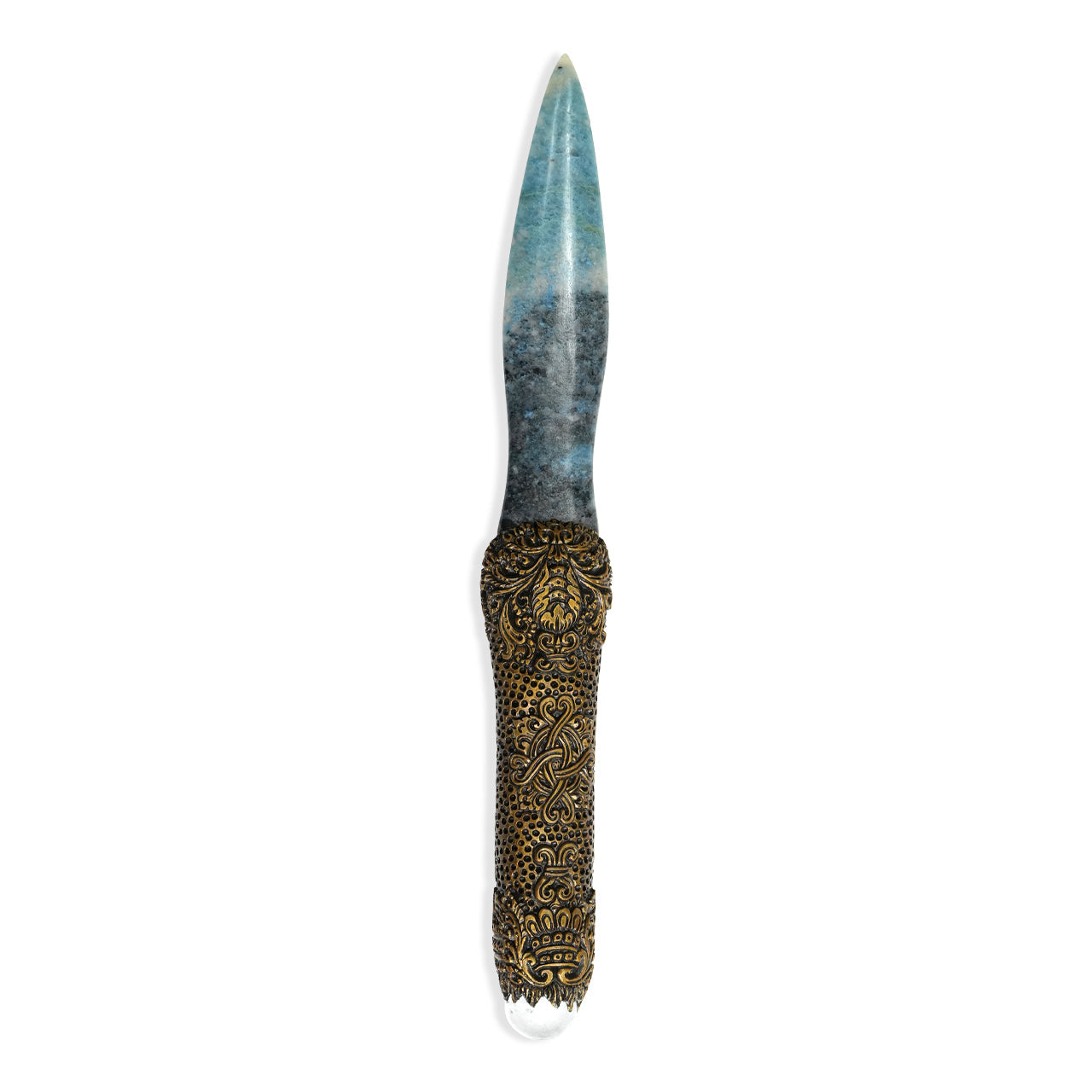 Starborn Troilite Decorative Wand with Aqua Aura Quartz and Carved Clay Handle