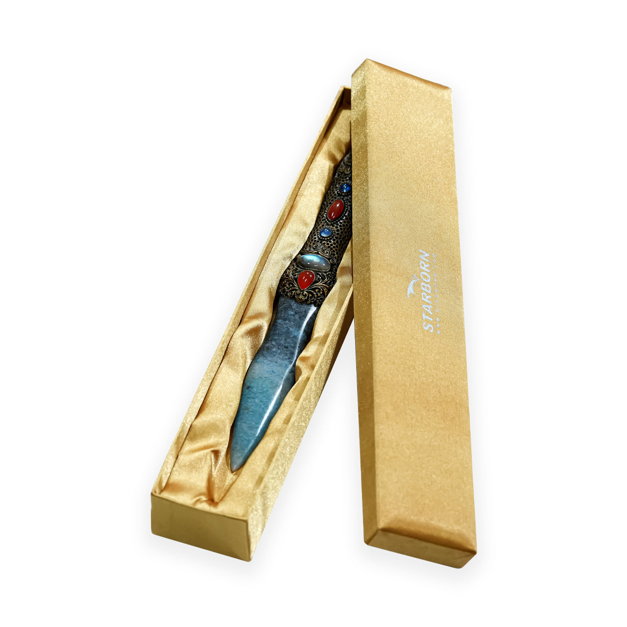 Starborn Troilite Decorative Wand with Aqua Aura Quartz and Carved Clay Handle