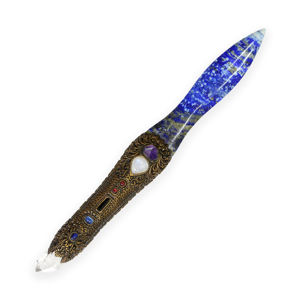 Starborn Lapis Lazuli Decorative Wand with Quartz Crystal and Carved Clay Handle