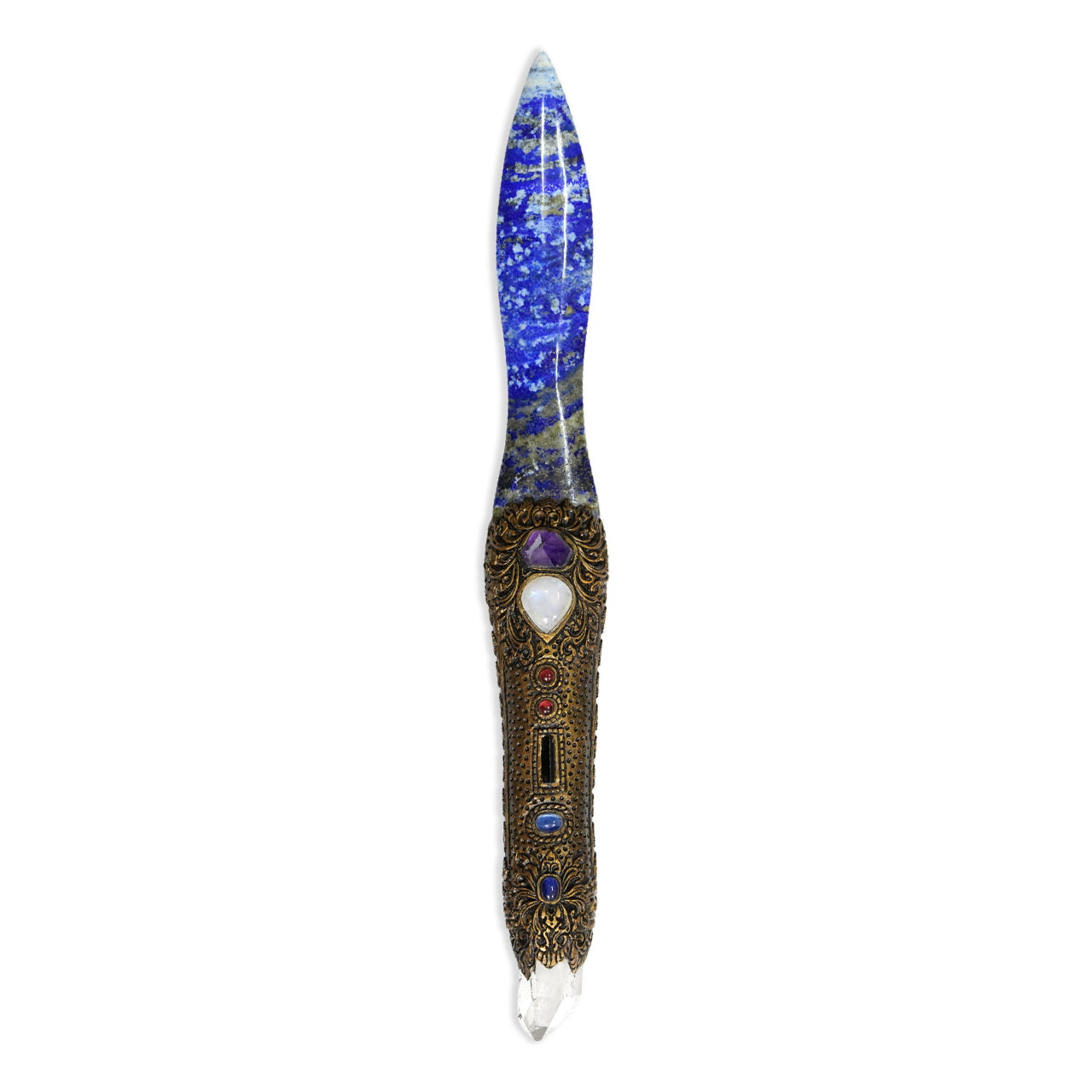 Starborn Lapis Lazuli Decorative Wand with Quartz Crystal and Carved Clay Handle