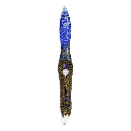 Starborn Lapis Lazuli Decorative Wand with Quartz Crystal and Carved Clay Handle