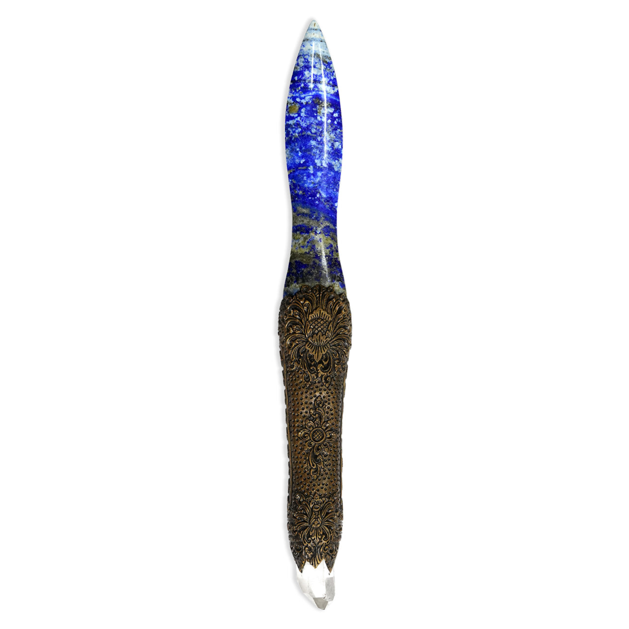 Starborn Lapis Lazuli Decorative Wand with Quartz Crystal and Carved Clay Handle