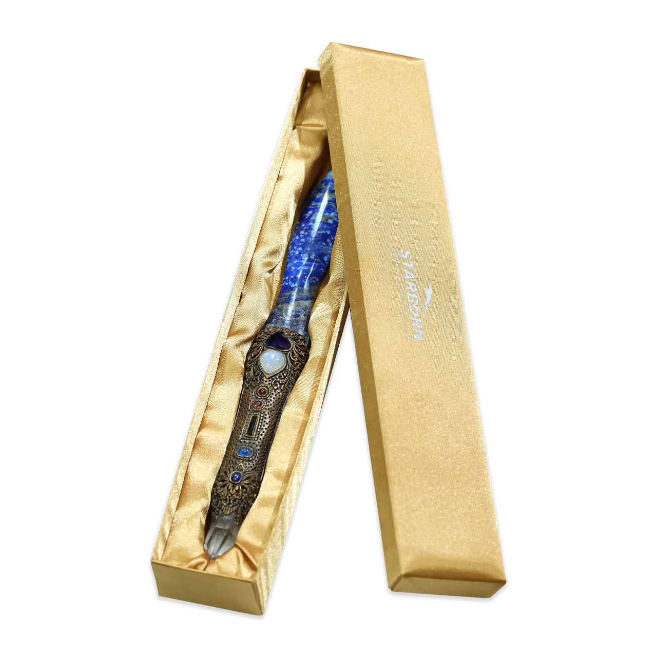 Starborn Lapis Lazuli Decorative Wand with Quartz Crystal and Carved Clay Handle