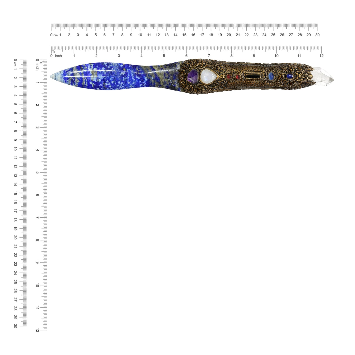 Starborn Lapis Lazuli Decorative Wand with Quartz Crystal and Carved Clay Handle