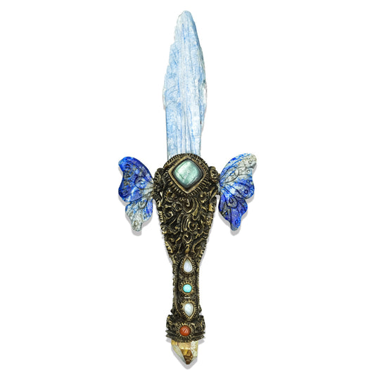 Starborn Decorative Kyanite Crystal Wand with Lapis Lazuli Wings and Carved Clay Handle