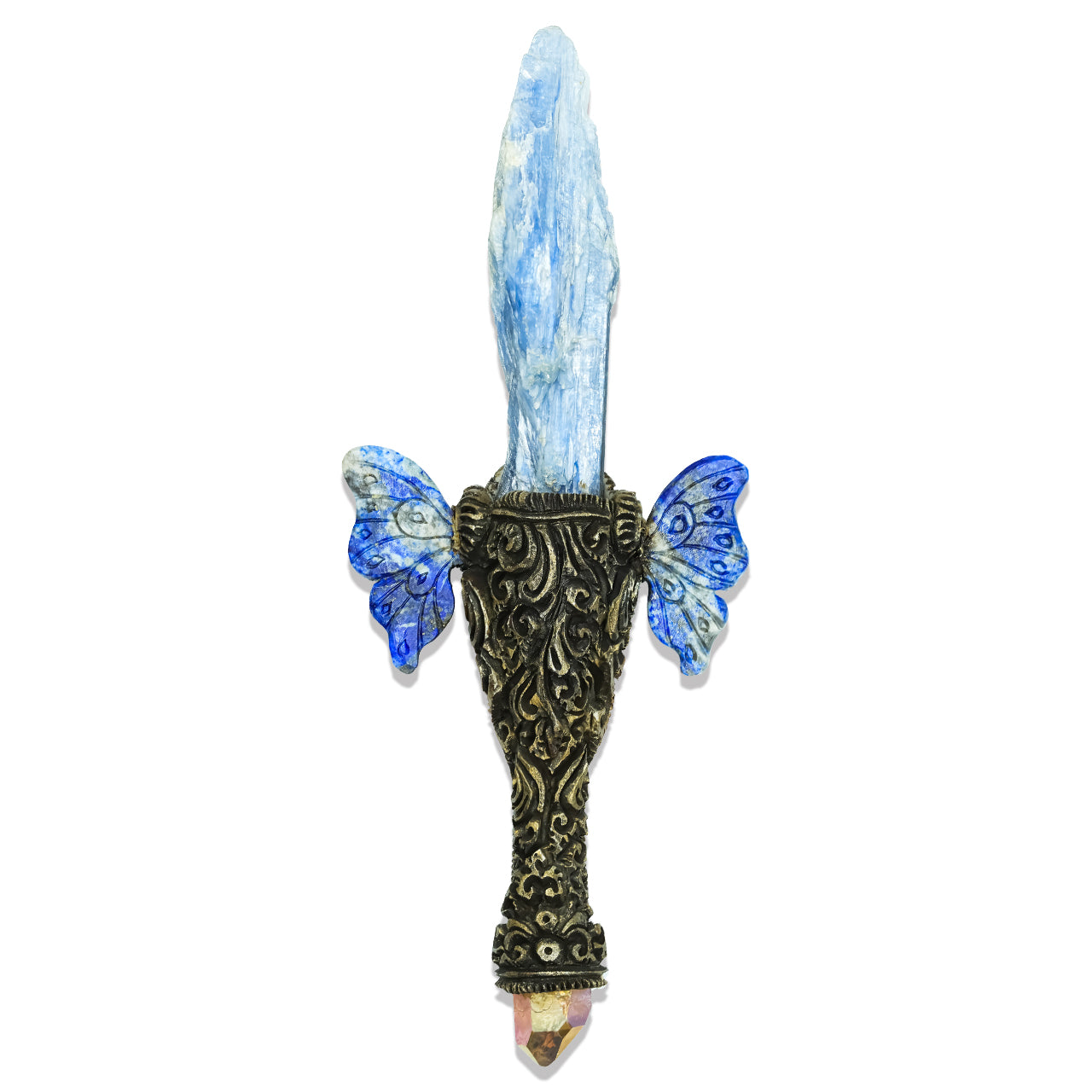 Starborn Decorative Kyanite Crystal Wand with Lapis Lazuli Wings and Carved Clay Handle