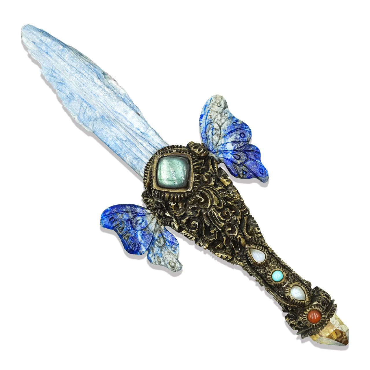 Starborn Decorative Kyanite Crystal Wand with Lapis Lazuli Wings and Carved Clay Handle